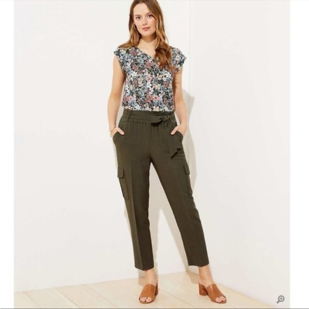 NWT Ann Taylor LOFT Pant Trouser Cargo Utility Belt Tie Waist Olive Green XL